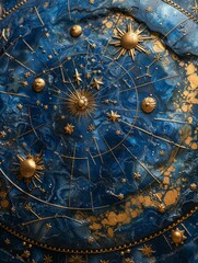 Celestial Zodiac Splendor: Dark Blue Background with Gold Astrological Zodiac Items and Symbols