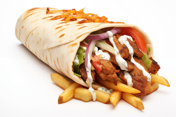 Kebab on white background. Fast kebab food. Sale of kebabs. Image for graphic designer. Image for flyers. Job offer.