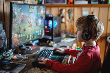 Young boy playing video game on computer with headphones.
