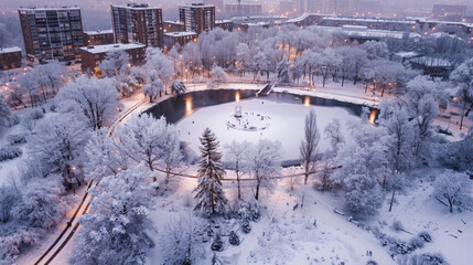 A city park turned into a magical winter scene after new snow. - obrazy, fototapety, plakaty