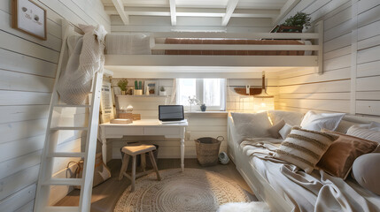 Interior of a white bedroom with loft bed