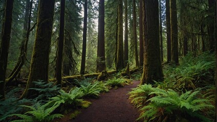 This image shows a path through a lush green forest. There are tall trees on either side of the path, and ferns line the ground.