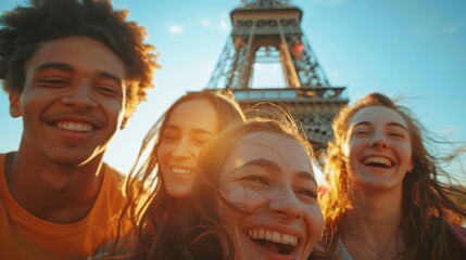 Happy people celebrating, Eiffel tower Paris, Olympic games 2024 - 797789522
