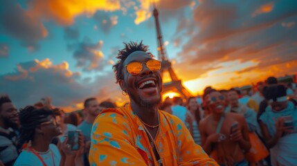 Happy people celebrating, Eiffel tower Paris, Olympic games 2024 - 797789529