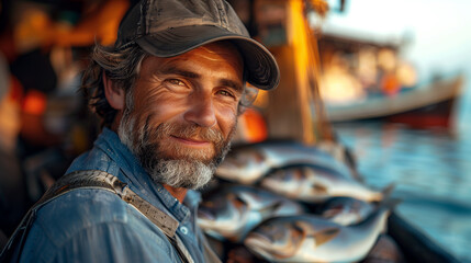 Elderly fisherman with a fish on the boat bridge. 