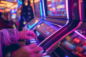 Person playing on a vibrant slot machine in a casino.