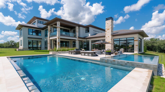 A large, modern house with an expansive pool and patio area. The house has multiple levels of windows overlooking the beautiful blue sky