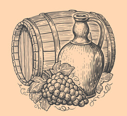 Wine drink concept. Jug, bunch of grapes and wooden barrel. Vintage vector illustration sketch