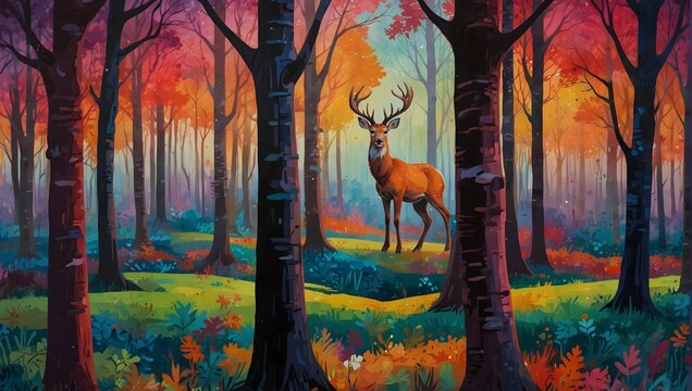 A lively cartoon deer navigating through a forest painted in a myriad of vibrant hues ai_generated