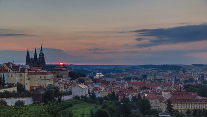 A beautiful view of Prague at sunrise on a misty morning timelapse.