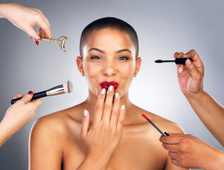 Hands, brushes and portrait of woman for beauty with red lips in studio for lipstick and mascara...