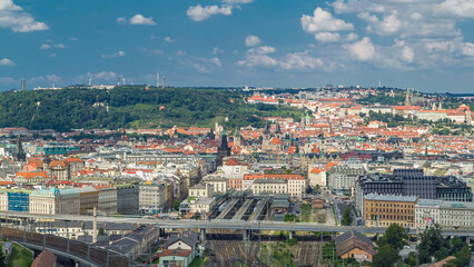 Naklejka premium Panoramic view of Prague timelapse from the top of the Vitkov Memorial, Czech Republic