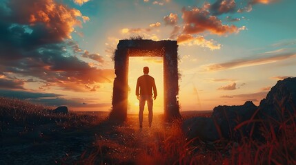 Silhouette of a man in a doorway in nature. the concept of going through a portal to another world. fantasy of transformation of another dimension of the universe