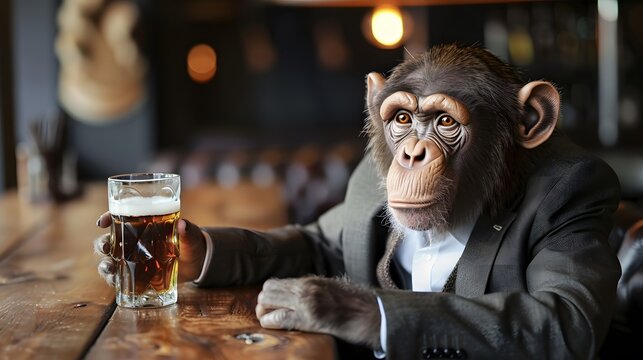 Chipanzee in a suit drinks a glass of beer in a bar Pub, banner, poster