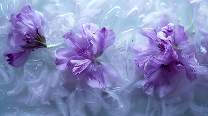 abstract artistic background with purple flowers frozen in ice, water