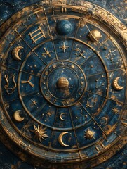 Naklejka premium Celestial Zodiac Splendor: Dark Blue Background with Gold Astrological Zodiac Items and Symbols