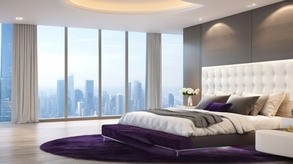 Fototapeta premium bed in a luxurious room in the middle of the city, a room for rent with a beautiful city view.