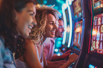 Friends enjoying their time at the casino slot machines.