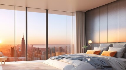 A bed in a beautiful, luxurious room in the middle of the city. Evening city view, sunset