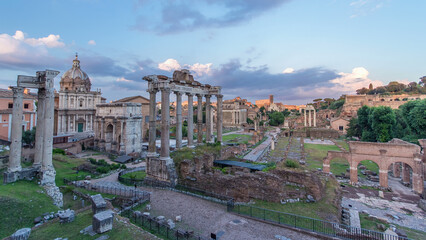 Ruins of Forum Romanum on Capitolium hill day to night timelapse in Rome, Italy