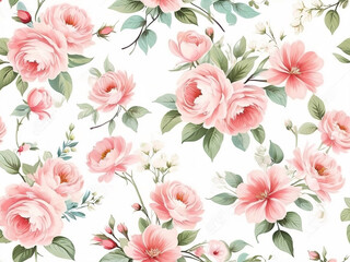 Seamless Pattern rose pink flower leaf botany beautiful 