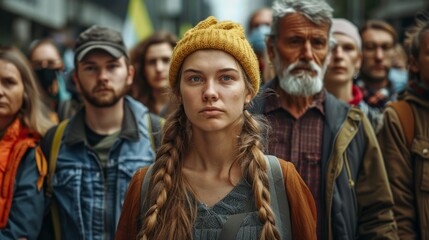 A group of people are walking down a street, one of them wearing a yellow jacket