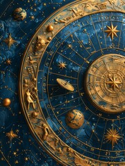 Obraz premium Celestial Zodiac Splendor: Dark Blue Background with Gold Astrological Zodiac Items and Symbols