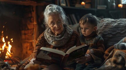 A woman reads a book to two children. The children are sitting on a couch next to a fireplace