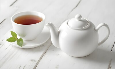 Obraz na płótnie Canvas A white ceramic teapot and a cup of tea on a wooden table