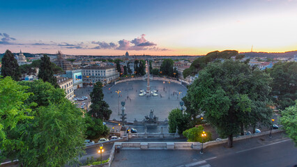 Aerial view of the large urban square, the Piazza del Popolo day to night timelapse, Rome after...
