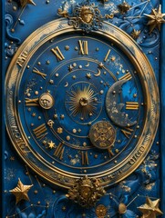 Fototapeta premium Celestial Zodiac Splendor: Dark Blue Background with Gold Astrological Zodiac Items and Symbols