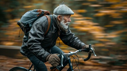 Fototapeta premium A man wearing a hat and a backpack rides a bicycle