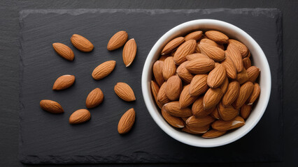Overhead view of almonds in a bowl