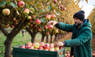 Close up of man picking apples during autumn harvest