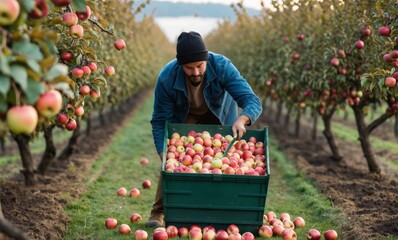 Close up of man picking apples during autumn harvest