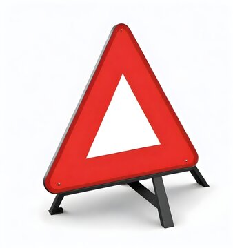 A red triangular road hazard warning sign on a black stand