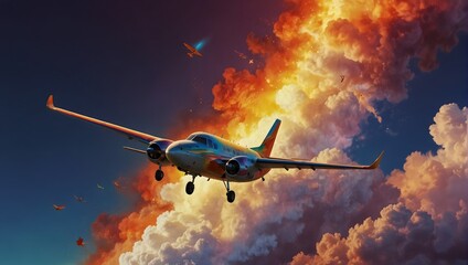 A lively scene of a cartoon plane soaring through a sky ablaze with a spectrum of colors ai_generated