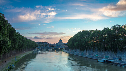 St. Peter's Basilica, Saint Angelo Bridge and Tiber River after the sunset day to night timelapse