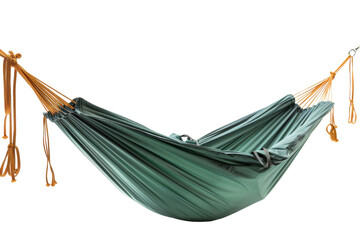 A green hammock gently sways back and forth, hanging from a sturdy rope