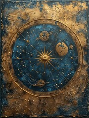 Obraz premium Celestial Zodiac Splendor: Dark Blue Background with Gold Astrological Zodiac Items and Symbols