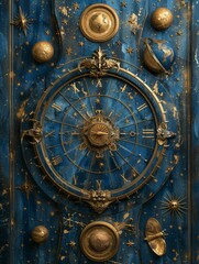 Fototapeta na wymiar Celestial Zodiac Splendor: Dark Blue Background with Gold Astrological Zodiac Items and Symbols