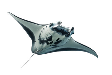 Close-up of a graceful manta ray swimming elegantly on a white background