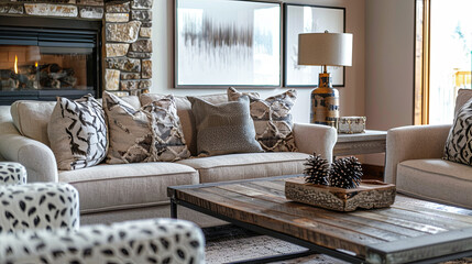 Cozy blend of traditional and contemporary elements in a living room. Plush sofa, stone fireplace, mix of patterns. Rustic wood coffee table, bold armchairs, artwork on walls