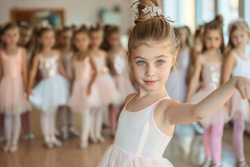 A young ballerina leads a dance class while confidently performing ballet poses