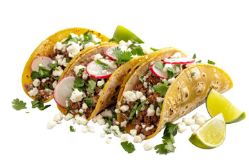 Three tacos overflowing with savory meat, crisp onions, zesty radishes, and fresh cilantro