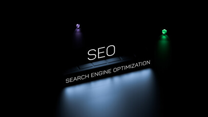SEO Search Engine Optimization glowing text,acronym. SEO concept,wallpaper.3D render