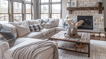 Cozy farmhouse living room with rustic charm: plush sofa, stone fireplace, knit blankets, reclaimed wood table, window seat for relaxation.