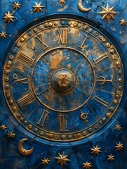 Obraz premium Celestial Zodiac Splendor: Dark Blue Background with Gold Astrological Zodiac Items and Symbols