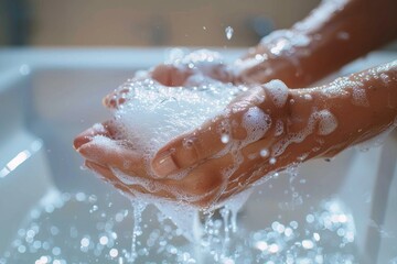 Fototapeta premium An image capturing the life-giving and cleansing properties of water in human hands, with a focus on health and hygiene