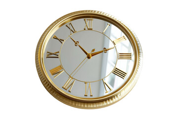 A regal gold clock with Roman numerals elegantly set against a pristine white background